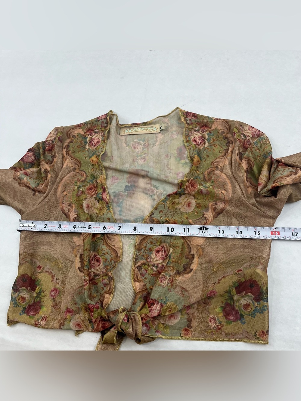 Michal Negrin Floral Portrait Sheer Mesh Bolero Top Sz M Made Israel Victorian - Picture 8 of 11